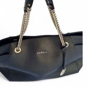 Furla Black Genuine Leather Purse Gold Chain Designer Luxury Vintage Handbag VTG